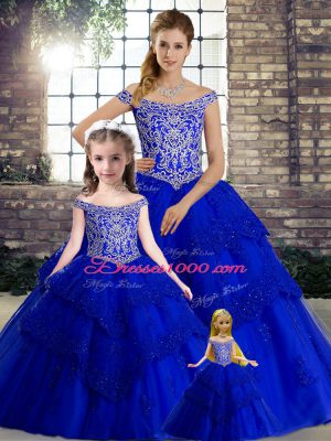 Dynamic Tulle Off The Shoulder Sleeveless Brush Train Lace Up Beading and Lace Quinceanera Dresses in Royal Blue