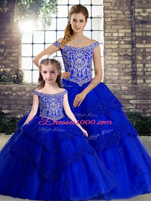 Dynamic Tulle Off The Shoulder Sleeveless Brush Train Lace Up Beading and Lace Quinceanera Dresses in Royal Blue