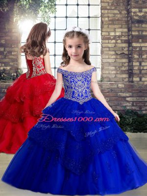 Dynamic Tulle Off The Shoulder Sleeveless Brush Train Lace Up Beading and Lace Quinceanera Dresses in Royal Blue