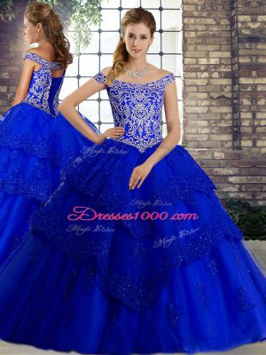 Dynamic Tulle Off The Shoulder Sleeveless Brush Train Lace Up Beading and Lace Quinceanera Dresses in Royal Blue