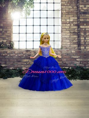 Dynamic Tulle Off The Shoulder Sleeveless Brush Train Lace Up Beading and Lace Quinceanera Dresses in Royal Blue