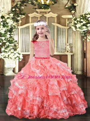 Unique Watermelon Red Sleeveless Floor Length Lace and Ruffled Layers Zipper Little Girls Pageant Gowns
