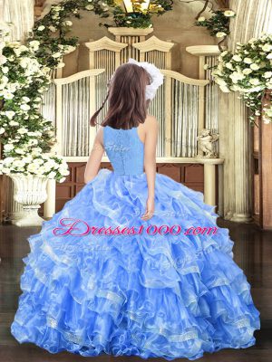 Unique Watermelon Red Sleeveless Floor Length Lace and Ruffled Layers Zipper Little Girls Pageant Gowns