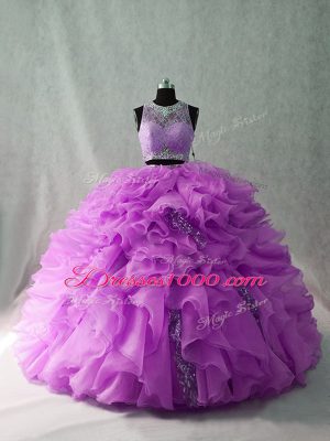 Amazing Lilac Organza and Sequined Zipper Quinceanera Dress Sleeveless Brush Train Beading and Ruffles