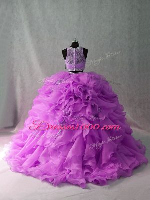 Amazing Lilac Organza and Sequined Zipper Quinceanera Dress Sleeveless Brush Train Beading and Ruffles