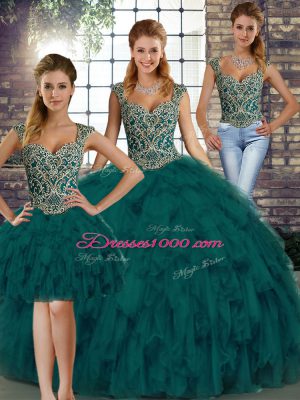 Smart Peacock Green Straps Lace Up Beading and Ruffles Vestidos de Quinceanera Sleeveless