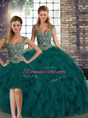 Smart Peacock Green Straps Lace Up Beading and Ruffles Vestidos de Quinceanera Sleeveless