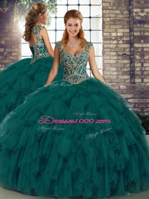 Smart Peacock Green Straps Lace Up Beading and Ruffles Vestidos de Quinceanera Sleeveless