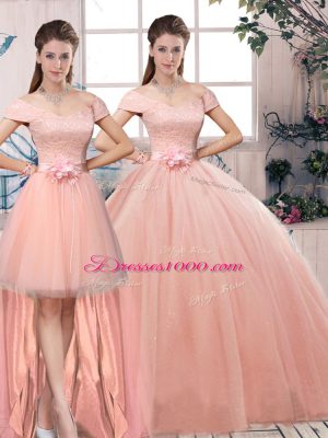 Floor Length Pink Sweet 16 Dresses Off The Shoulder Short Sleeves Lace Up