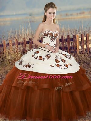 Brown Ball Gowns Tulle Sweetheart Sleeveless Embroidery and Bowknot Floor Length Lace Up Sweet 16 Quinceanera Dress
