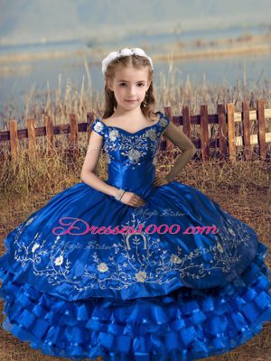 Great Satin and Organza Off The Shoulder Sleeveless Lace Up Embroidery and Ruffled Layers Girls Pageant Dresses in Royal Blue