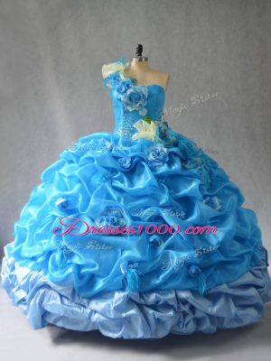 One Shoulder Sleeveless Sweet 16 Dress Floor Length Pick Ups and Hand Made Flower Baby Blue Organza