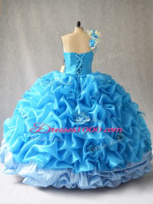 One Shoulder Sleeveless Sweet 16 Dress Floor Length Pick Ups and Hand Made Flower Baby Blue Organza