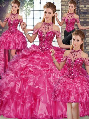 Glittering Fuchsia Halter Top Neckline Beading and Ruffles Quinceanera Gowns Sleeveless Lace Up