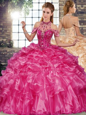 Glittering Fuchsia Halter Top Neckline Beading and Ruffles Quinceanera Gowns Sleeveless Lace Up