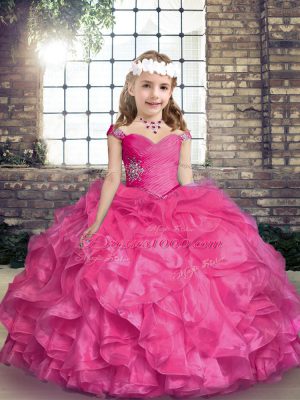 Beauteous Floor Length Ball Gowns Sleeveless Hot Pink Little Girls Pageant Dress Wholesale Lace Up