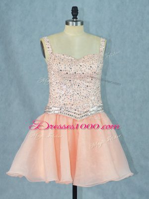 Peach A-line Straps Sleeveless Organza Mini Length Lace Up Beading Evening Dress