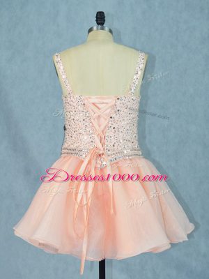 Peach A-line Straps Sleeveless Organza Mini Length Lace Up Beading Evening Dress