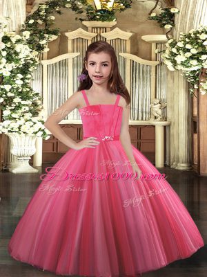 Attractive Hot Pink Ball Gowns Beading Custom Made Lace Up Tulle Sleeveless Floor Length