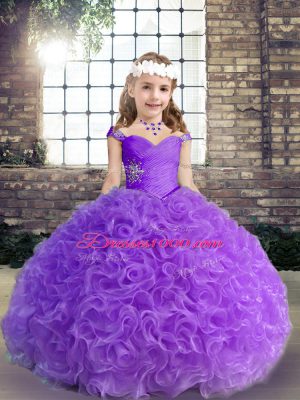 Fabric With Rolling Flowers Straps Sleeveless Beading and Ruching Pageant Dresses in Purple