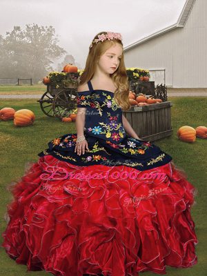 Red Organza Lace Up Kids Formal Wear Sleeveless Floor Length Embroidery and Ruffles