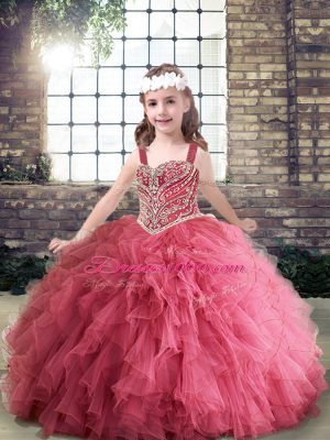 Ball Gowns Kids Pageant Dress Pink Straps Tulle Sleeveless Floor Length Lace Up