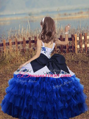 Low Price Straps Long Sleeves Girls Pageant Dresses Floor Length Embroidery and Ruffled Layers Royal Blue Organza
