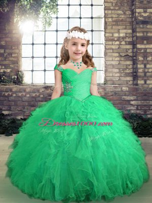 New Arrival Ball Gowns Kids Formal Wear Turquoise Straps Tulle Long Sleeves Floor Length Lace Up