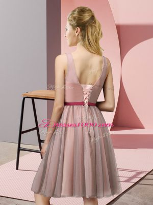 Wonderful V-neck Sleeveless Bridesmaid Dress Knee Length Appliques Pink Tulle