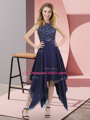 Decent Empire Homecoming Dress Navy Blue High-neck Chiffon Sleeveless Asymmetrical Zipper