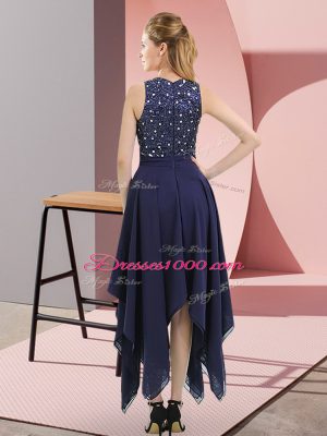 Decent Empire Homecoming Dress Navy Blue High-neck Chiffon Sleeveless Asymmetrical Zipper