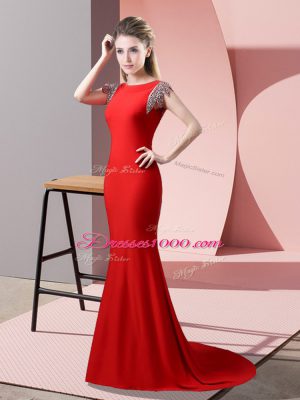 Red Short Sleeves Beading Backless Evening Dress