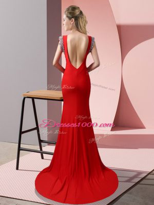 Red Short Sleeves Beading Backless Evening Dress