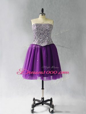 Pretty Purple A-line Tulle Strapless Sleeveless Beading Mini Length Lace Up