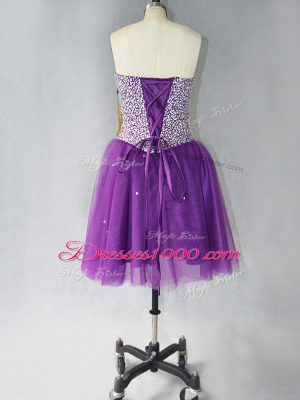 Pretty Purple A-line Tulle Strapless Sleeveless Beading Mini Length Lace Up