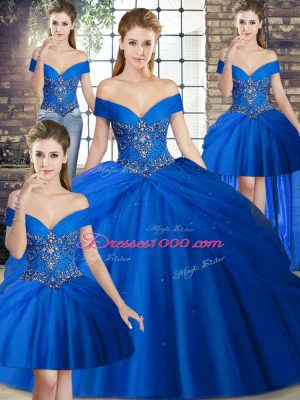 Lace Up Quinceanera Gowns Royal Blue for Military Ball and Sweet 16 and Quinceanera with Beading and Pick Ups Brush Train
