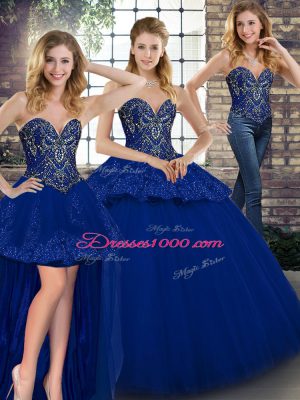 Dramatic Sweetheart Sleeveless Vestidos de Quinceanera Floor Length Beading and Appliques Royal Blue Tulle