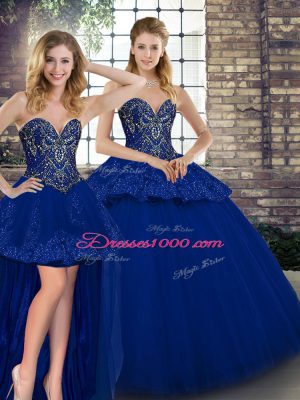Dramatic Sweetheart Sleeveless Vestidos de Quinceanera Floor Length Beading and Appliques Royal Blue Tulle