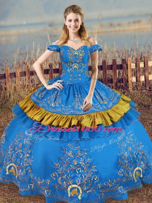 Hot Selling Ball Gowns Sweet 16 Dresses Blue Off The Shoulder Satin Sleeveless Floor Length Lace Up