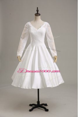 White Satin Clasp Handle Wedding Gown Long Sleeves Tea Length Lace and Sashes ribbons