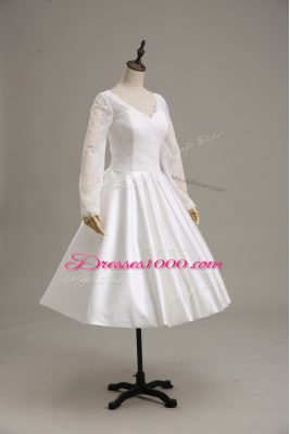 White Satin Clasp Handle Wedding Gown Long Sleeves Tea Length Lace and Sashes ribbons