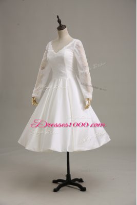 White Satin Clasp Handle Wedding Gown Long Sleeves Tea Length Lace and Sashes ribbons