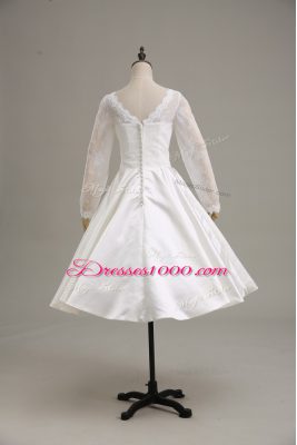 White Satin Clasp Handle Wedding Gown Long Sleeves Tea Length Lace and Sashes ribbons