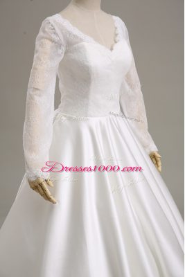 White Satin Clasp Handle Wedding Gown Long Sleeves Tea Length Lace and Sashes ribbons