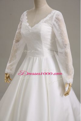 White Satin Clasp Handle Wedding Gown Long Sleeves Tea Length Lace and Sashes ribbons