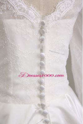 White Satin Clasp Handle Wedding Gown Long Sleeves Tea Length Lace and Sashes ribbons