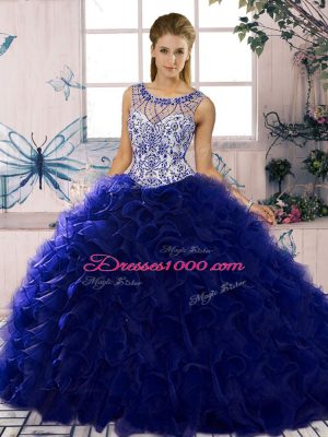 Custom Fit Purple Ball Gowns Scoop Sleeveless Organza Floor Length Lace Up Beading and Ruffles 15th Birthday Dress