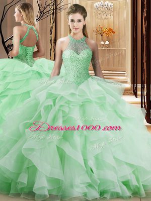 Sumptuous Apple Green Ball Gowns Halter Top Sleeveless Organza Brush Train Lace Up Beading and Ruffles Quinceanera Gown