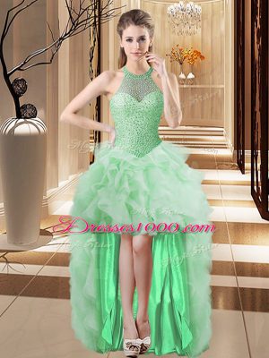 Sumptuous Apple Green Ball Gowns Halter Top Sleeveless Organza Brush Train Lace Up Beading and Ruffles Quinceanera Gown