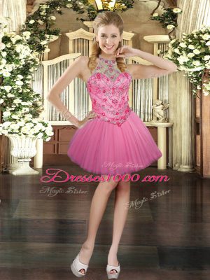 Sleeveless Mini Length Beading Lace Up Party Dresses with Pink